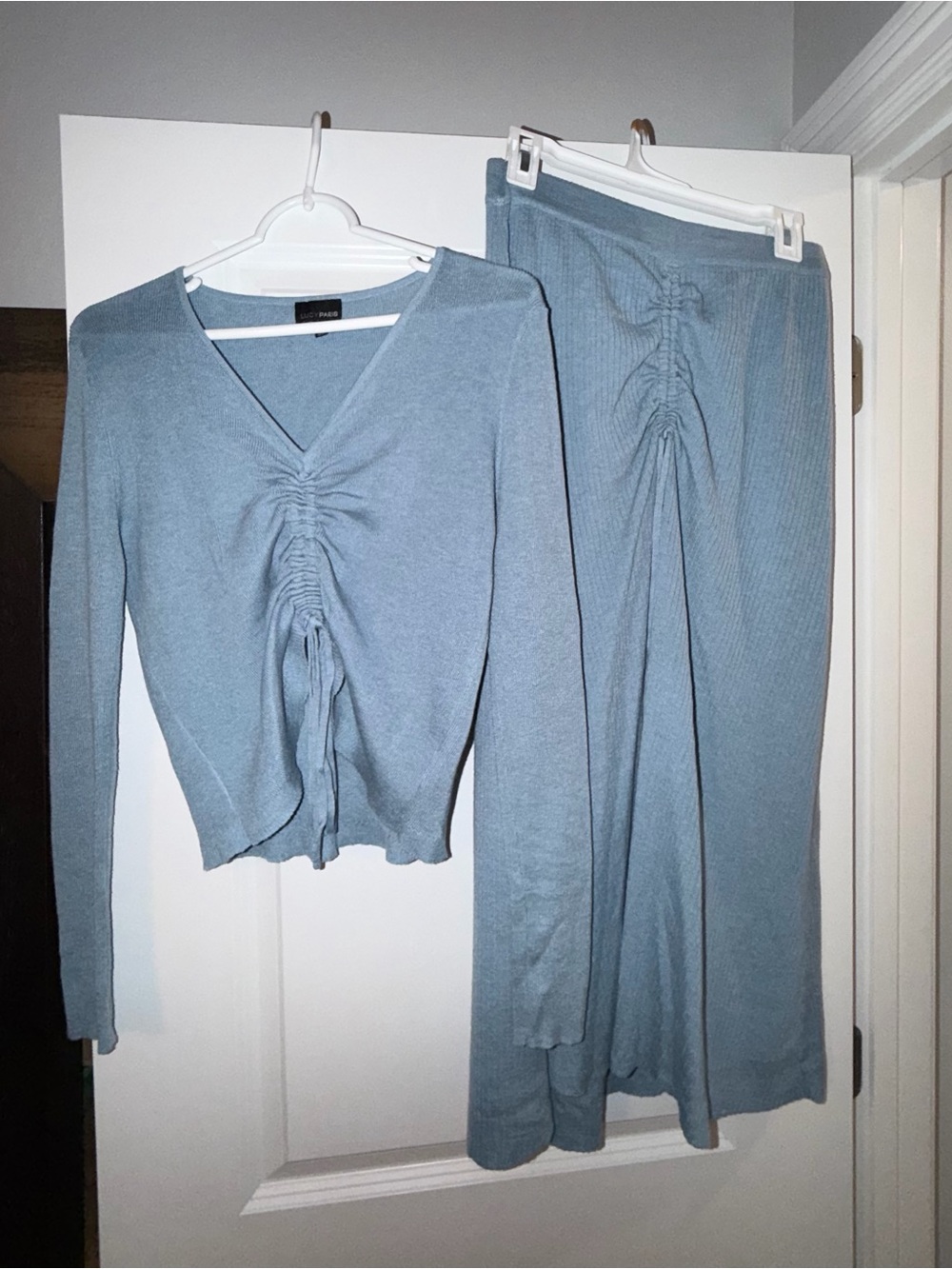 Lucy Paris Dusty Blue Ribbed Ruched Skirt Set size M EUC